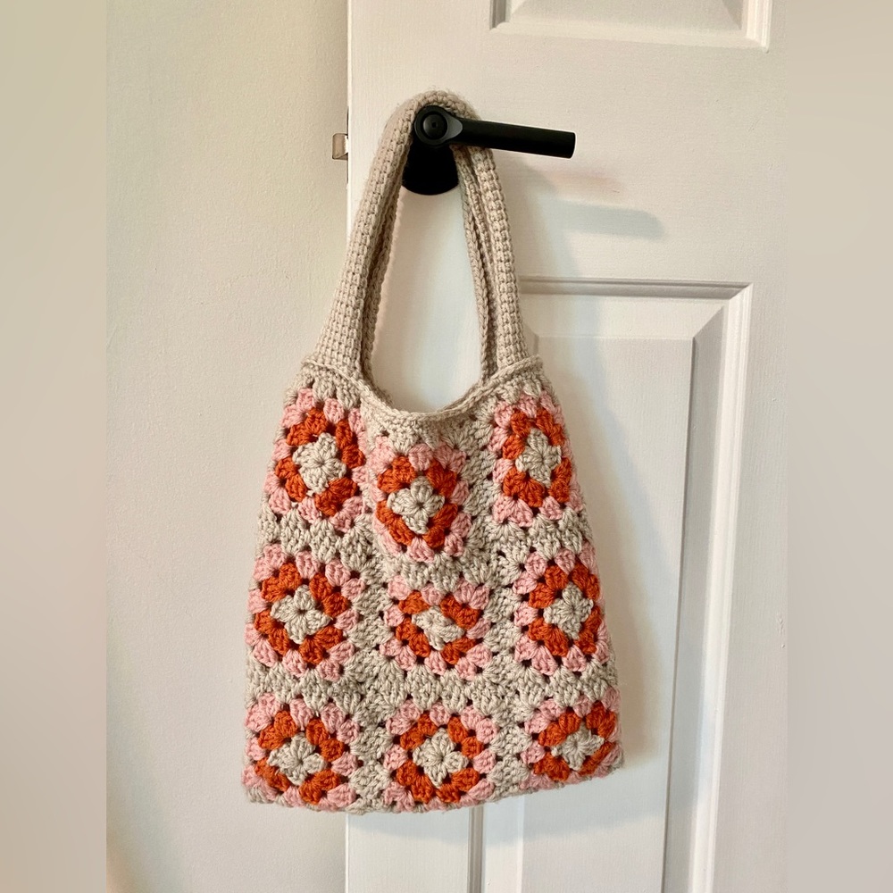 Handmade Granny Square Crochet Bag - Gray, Pink, Orange